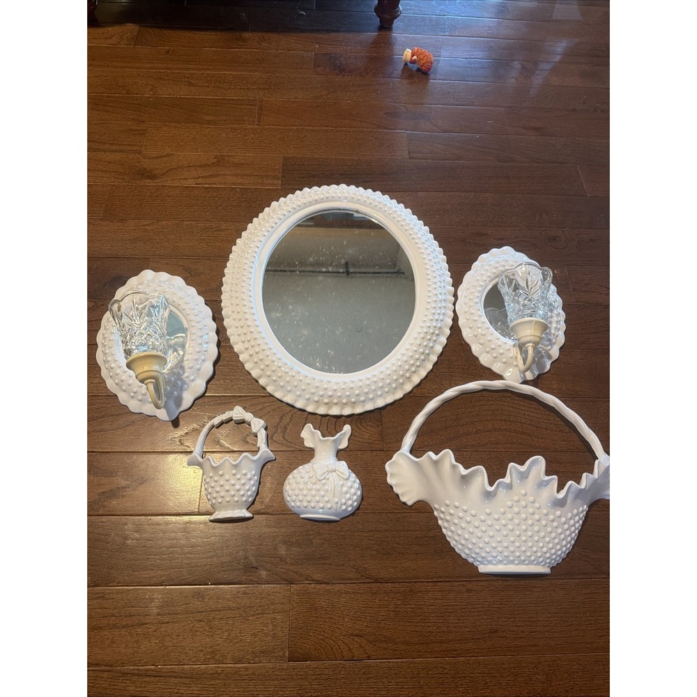 Vintage Burwood Homco Home Interiors 8 Piece White Hobnail Wall Hanging Set MCM